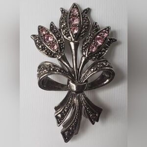 Vintage Avon Pink Tulip Bouquet Rhinestones & Marcasite Pin Brooch Silver Tone